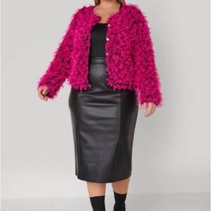 Fringe Detailed Mesh Jacket Pink feathered jacket with button up front